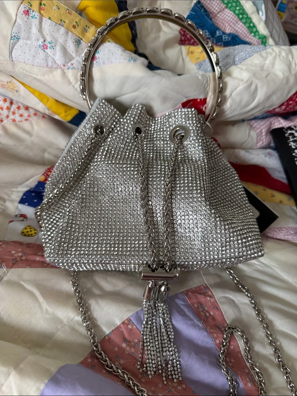 NWT Womens Silver Crystal Drawstring Bucket Bag 10” x 4” x 24”